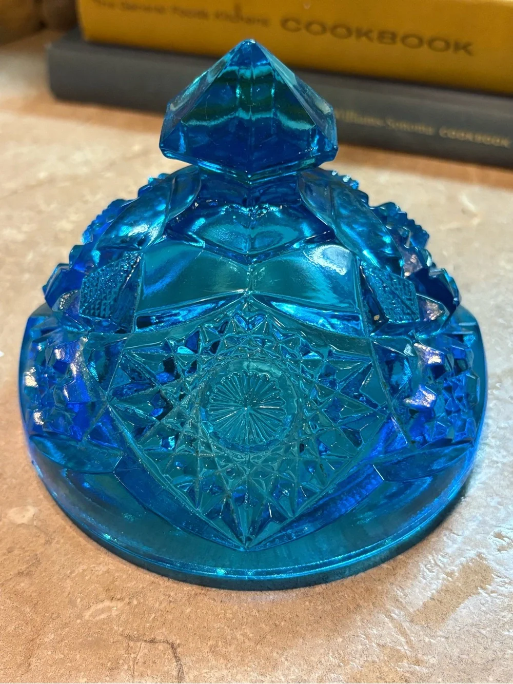 Kemple Glass Aqua Blue Hobstar & Fan Round Pedestal Compote Candy Dish w/ Lid